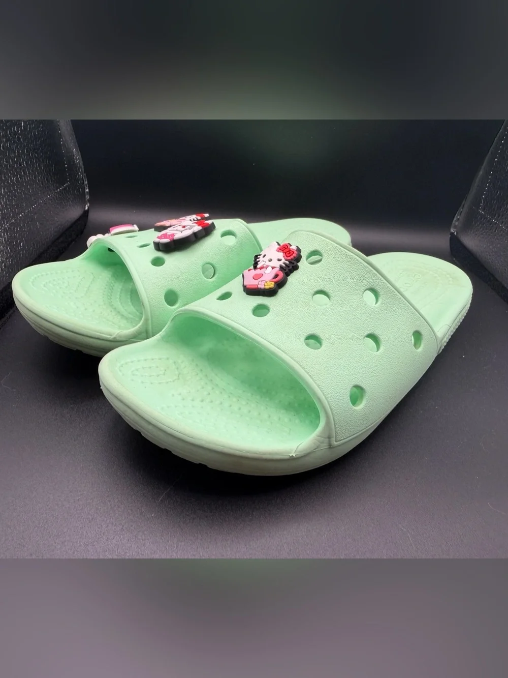 CROCS Kids Light Mint Green Slide Sandals with Hello Kitty Charm Size 2